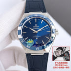 Omega watch with silver case, dark blue leather strap, dark blue dial, Roman numerals, date