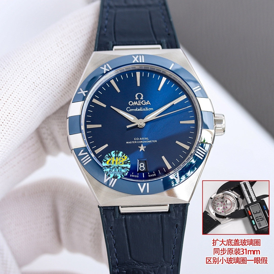 Omega watch with silver case, dark blue leather strap, dark blue dial, Roman numerals, date