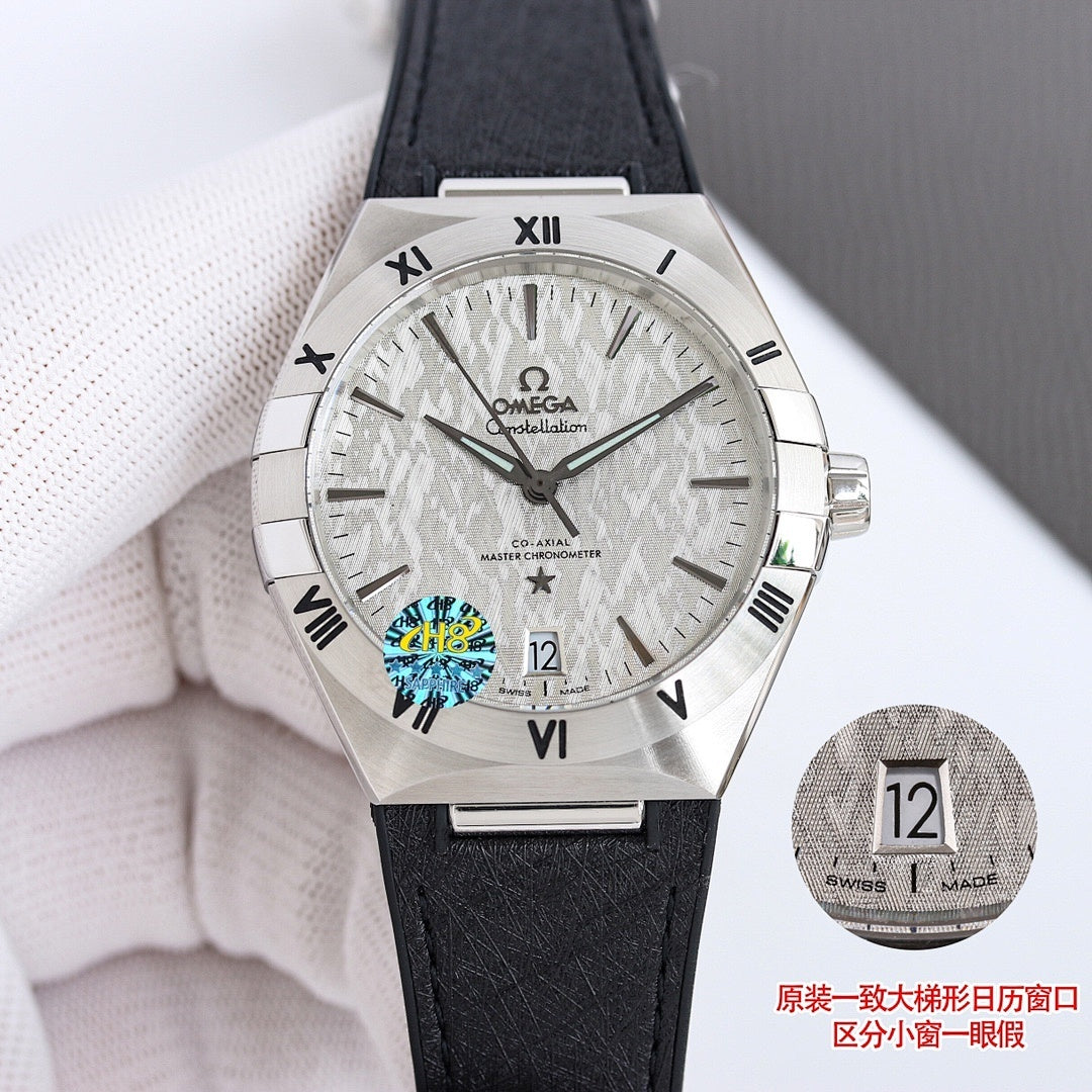 Omega watch with silver case, black leather strap, textured light dial, Roman numerals, date
