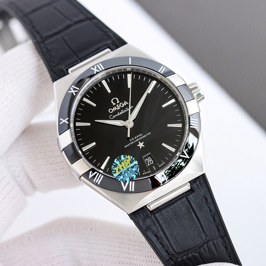 Omega watch with silver case, black leather strap, dark dial, Roman numerals, date window