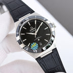 Omega watch with silver case, black leather strap, dark dial, Roman numerals, date window