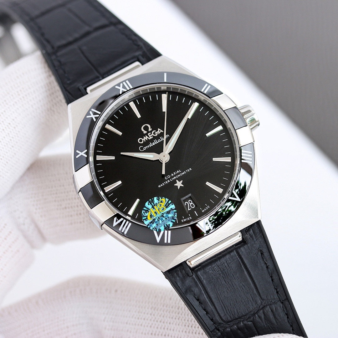 Omega watch with silver case, black leather strap, dark dial, Roman numerals, date window