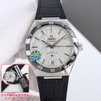 Omega watch with silver case, black leather strap, light dial, Roman numerals; inset shows case interior