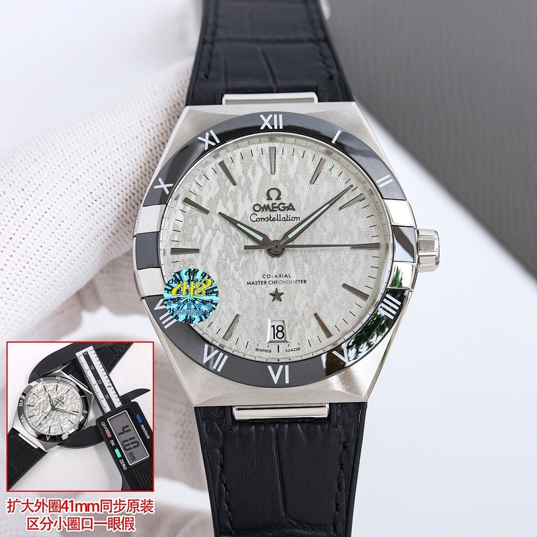 Omega watch with silver case, black leather strap, light dial, Roman numerals; inset shows case interior