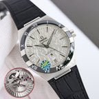 Omega watch with silver case, black leather strap, white dial, Roman numerals, date window