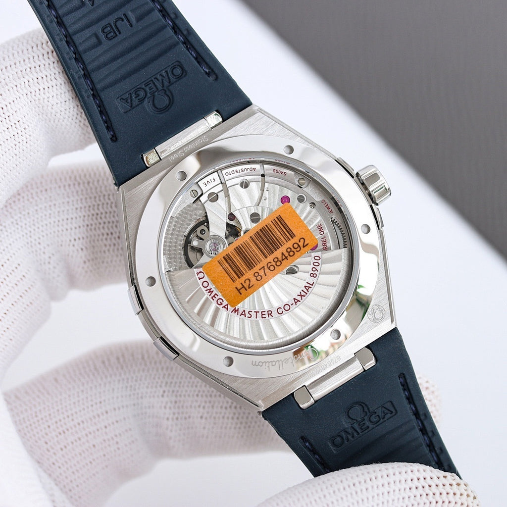 Omega watch caseback with visible movement window and dark blue leather strap, silver body