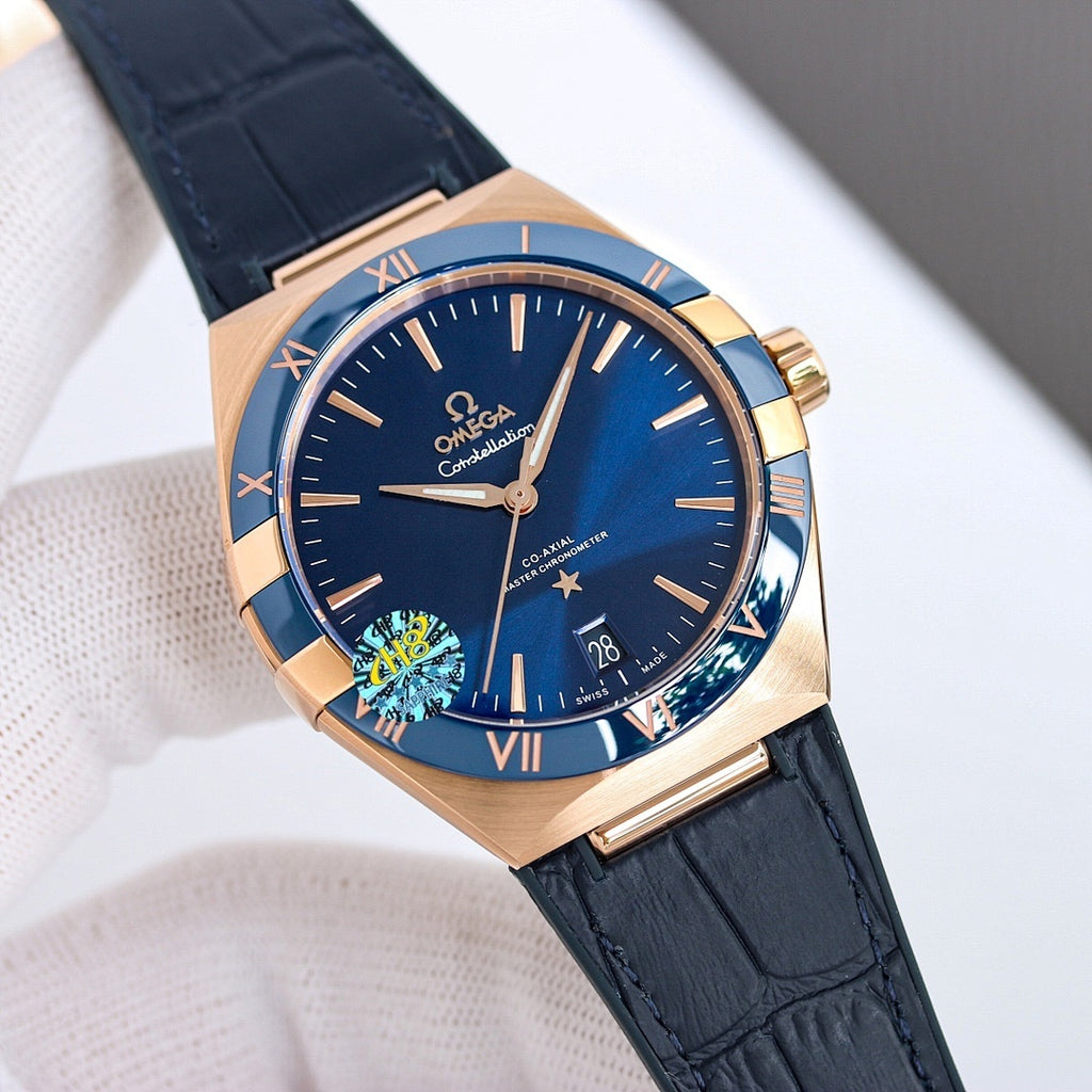 Omega wristwatch with blue dial, gold bezel, dark blue leather strap, Roman numerals