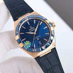 Omega wristwatch with blue dial, gold bezel, dark blue leather strap, Roman numerals