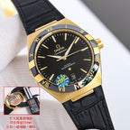Omega wristwatch with black dial, gold bezel, black leather strap, Roman numerals