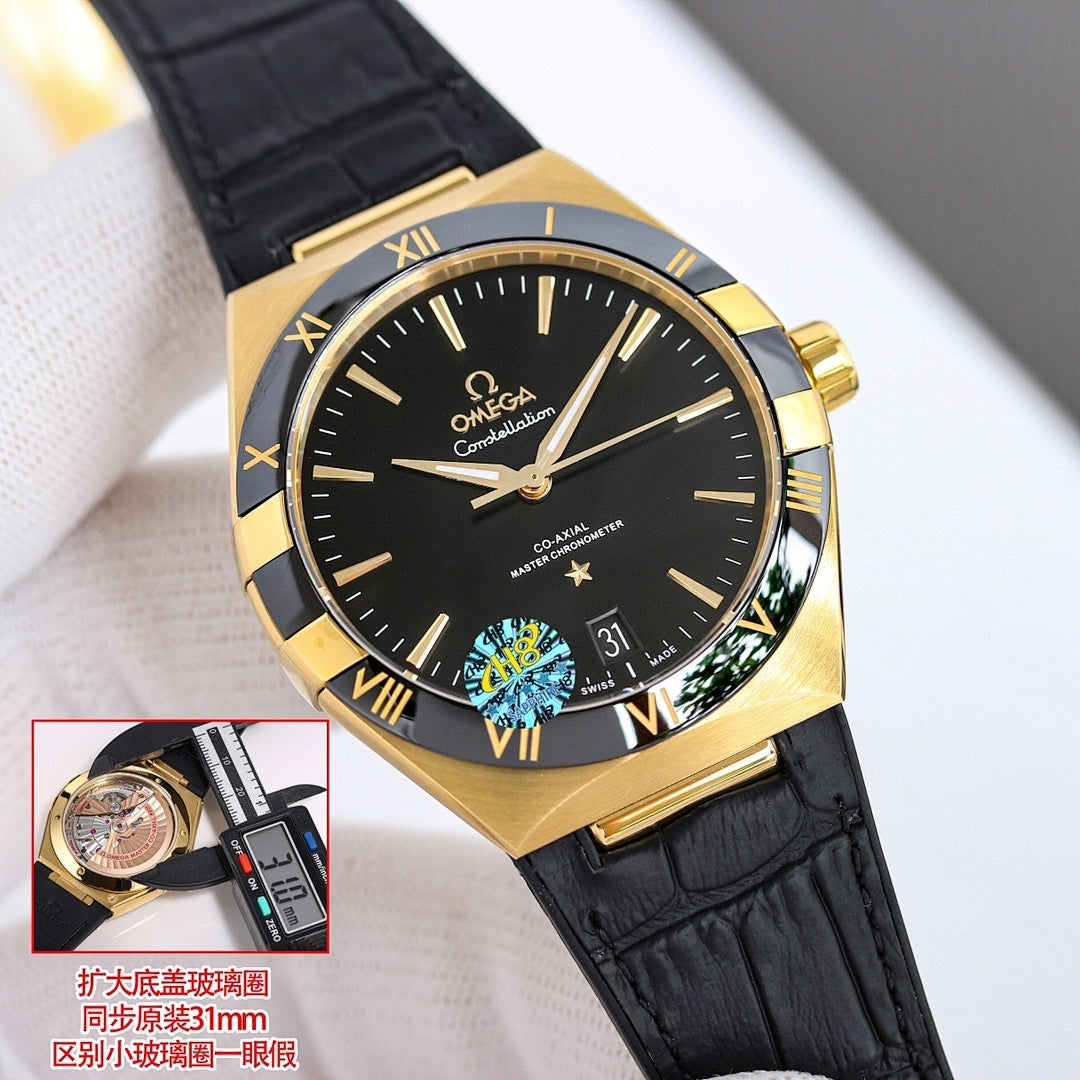Omega wristwatch with black dial, gold bezel, black leather strap, Roman numerals