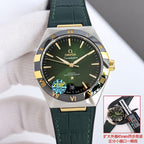 Omega wristwatch with dark green dial, gold bezel, green leather strap, Roman numerals