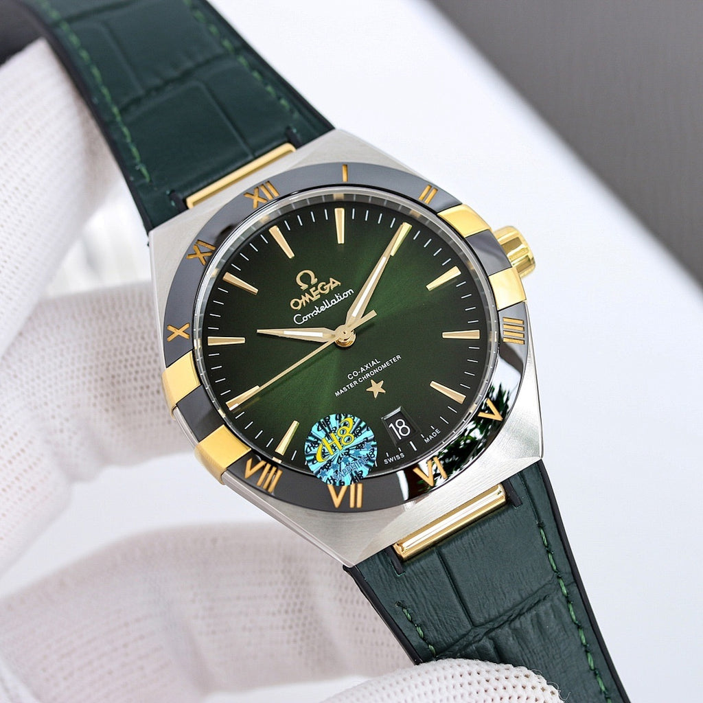 Omega wristwatch with dark green dial, gold bezel, green leather strap, Roman numerals