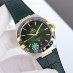 Omega wristwatch with dark green dial, gold bezel, green leather strap, Roman numerals