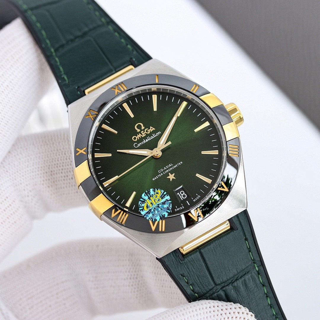 Omega wristwatch with dark green dial, gold bezel, green leather strap, Roman numerals