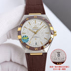 Omega wristwatch with silver dial, gold bezel, brown leather strap, Roman numerals