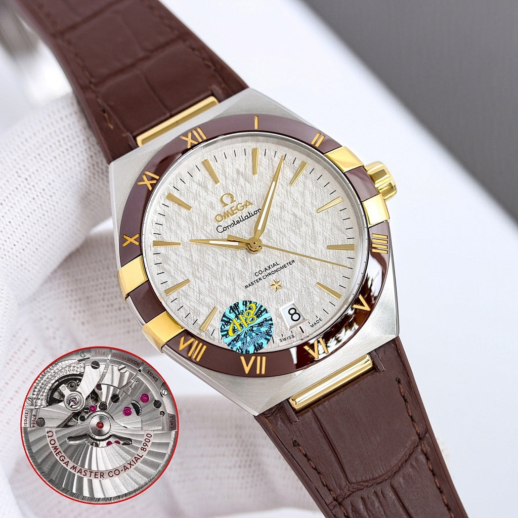 Omega wristwatch with white dial, gold bezel, brown leather strap, movement inset