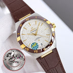 Omega wristwatch with white dial, gold bezel, brown leather strap, movement inset