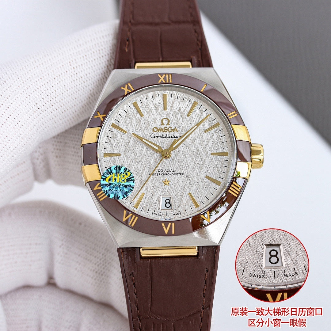 Omega wristwatch with white dial, gold bezel, brown leather strap, Roman numerals