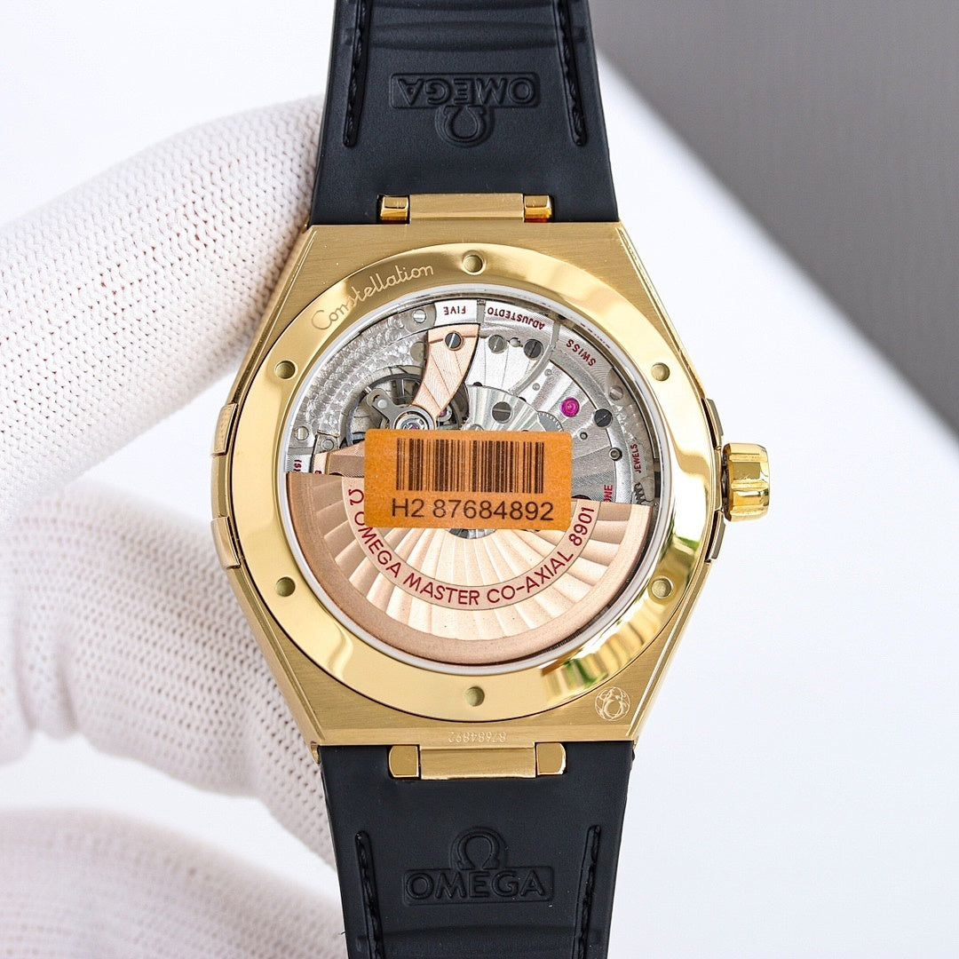 Omega wristwatch caseback with exposed movement and black leather strap