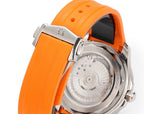 Omega watch with orange silicone strap and silver case, crown and caseback detail