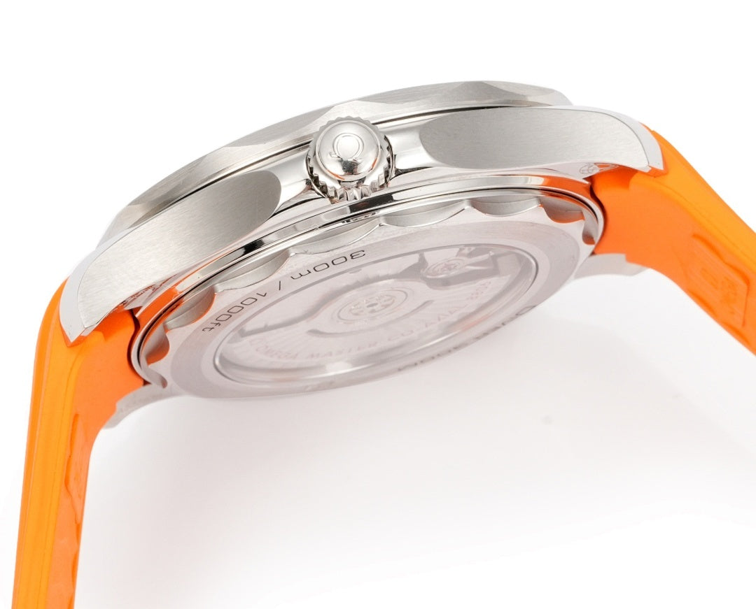 Omega watch with orange silicone strap and stainless case, back and crown detail