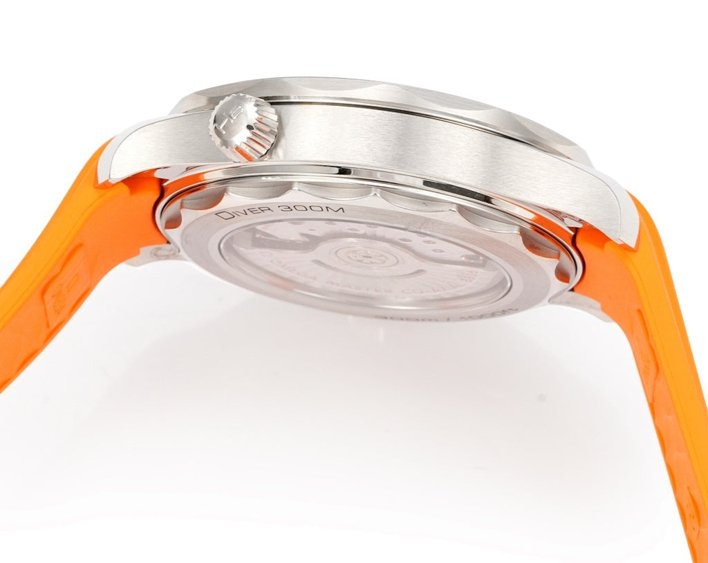 Omega watch with stainless caseback window and orange silicone strap