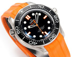 Omega diving watch with black dial, orange hour markers, silver bezel and orange strap