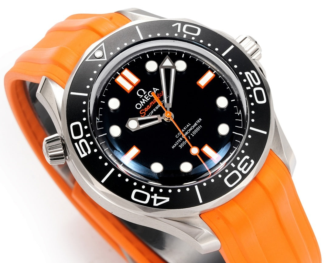 Omega diving watch with black dial, orange hour markers, silver bezel and orange strap