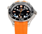 Omega diving watch front view with black dial, orange bezel markers, orange silicone strap