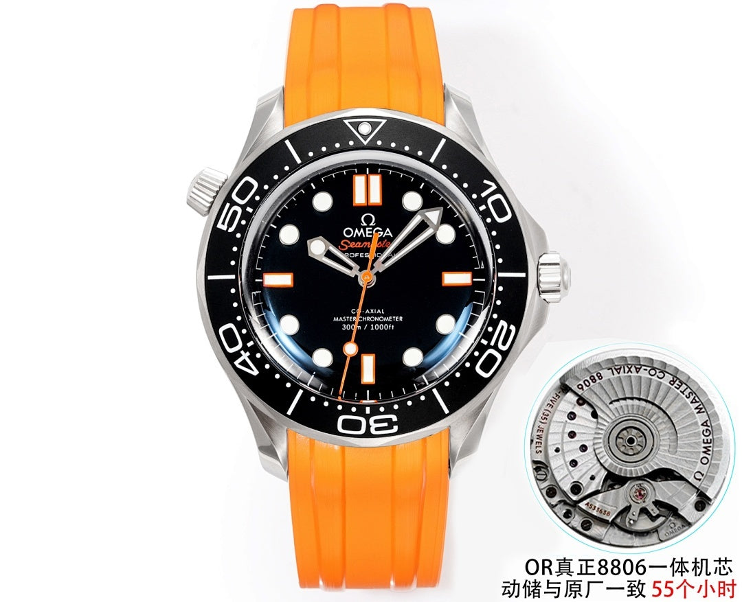 Omega diver watch front view with black dial, orange accents, stainless case, orange strap