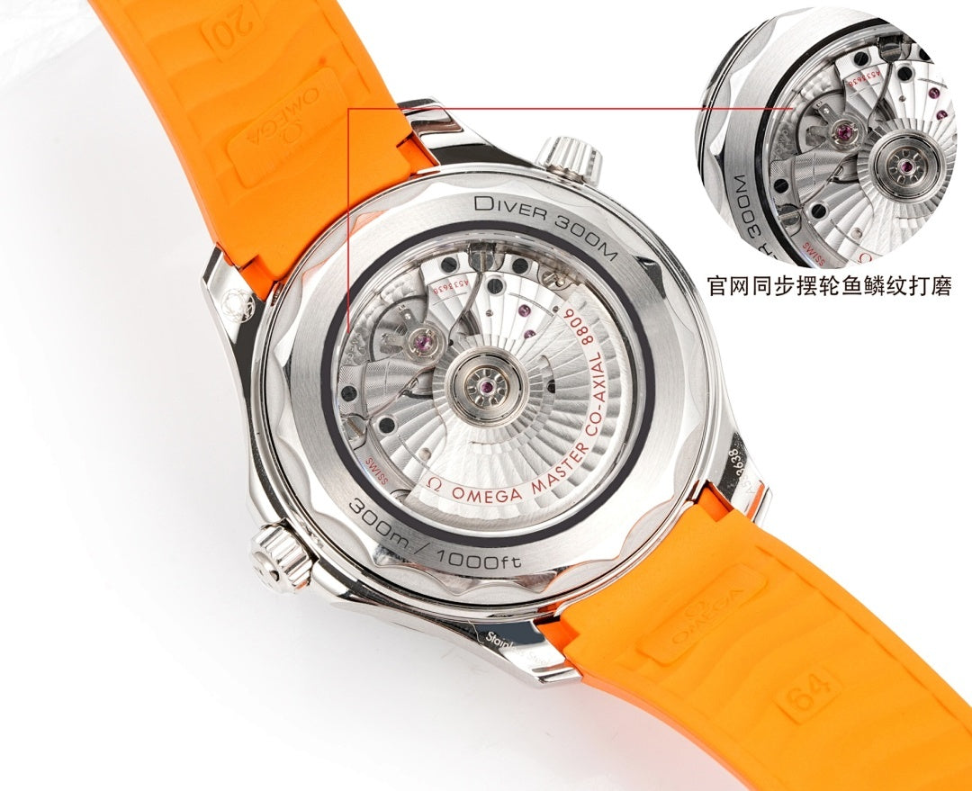 Omega diver watch with orange strap, open caseback view showing movement details