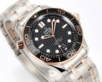Omega stainless steel diver watch with black dial, rose-gold hands, angled front view