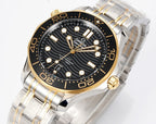 Omega two-tone dive watch angled front with black dial, gold hands, metal bracelet