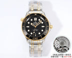 Omega two-tone dive watch with black dial, gold markers, silver-and-gold bracelet