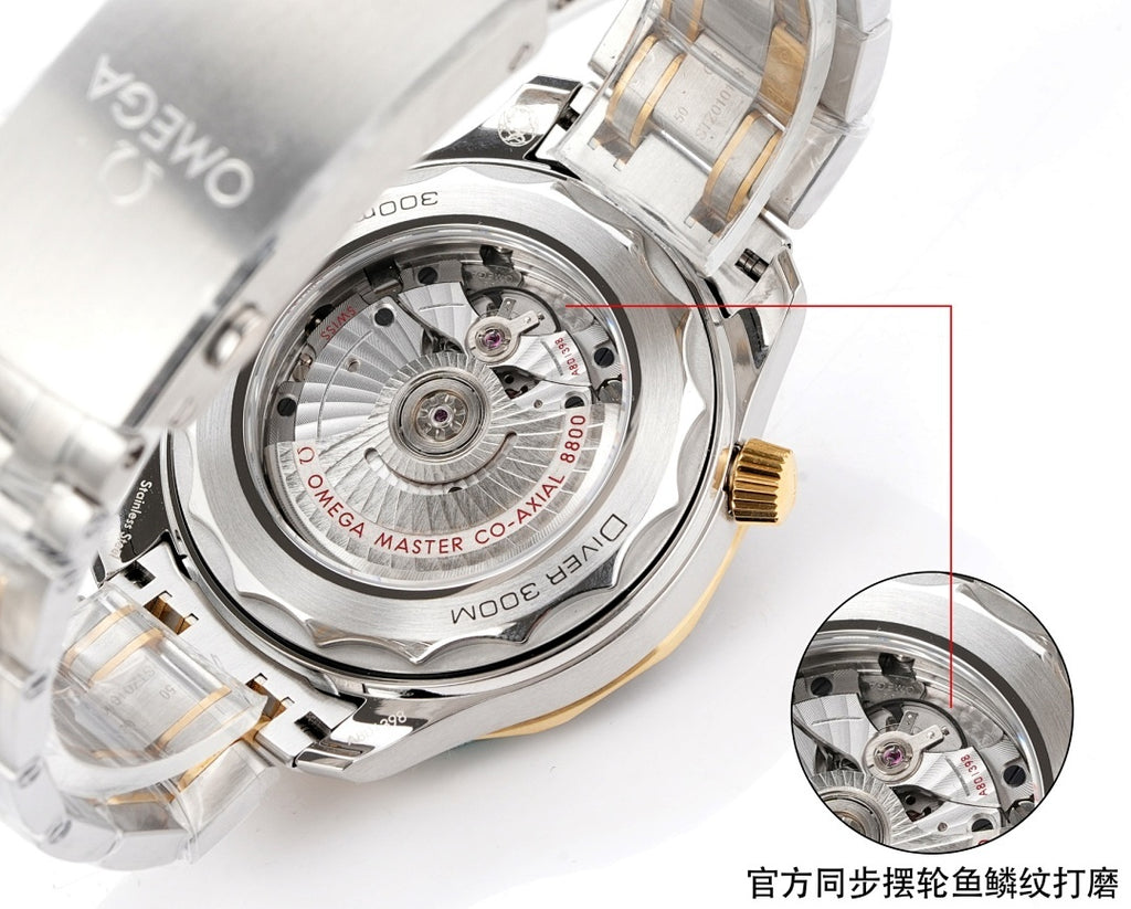 Omega two-tone dive watch open-back view showing mechanical movement and case details