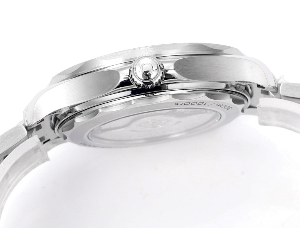 Omega dive watch top view with stainless steel case and crown; black bezel visible