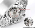 Omega dive watch with exposed movement, stainless steel case and crown; side view