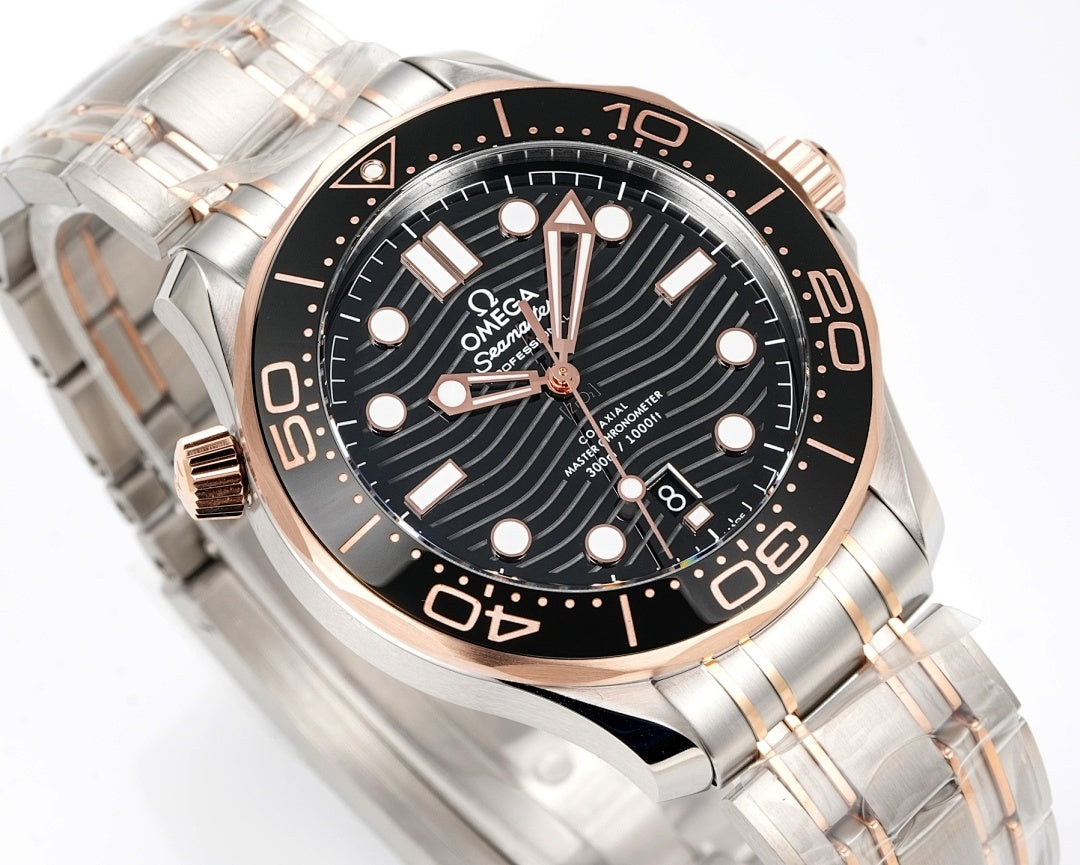 Omega watch angled view: black dial, rose-gold hour markers, and stainless-steel bracelet