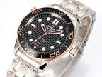 Omega watch angled view with black dial, rose-gold hands, and stainless-steel bracelet