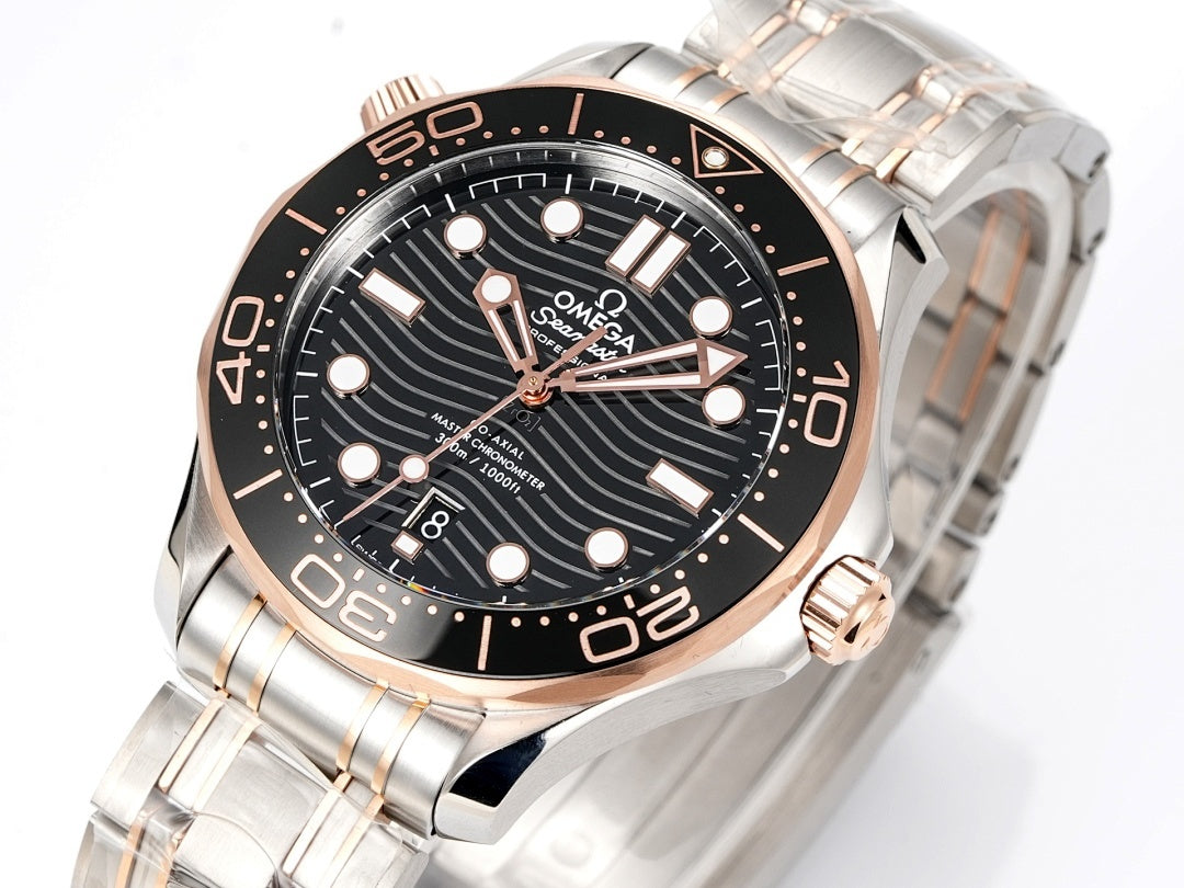 Omega watch angled view with black dial, rose-gold hands, and stainless-steel bracelet
