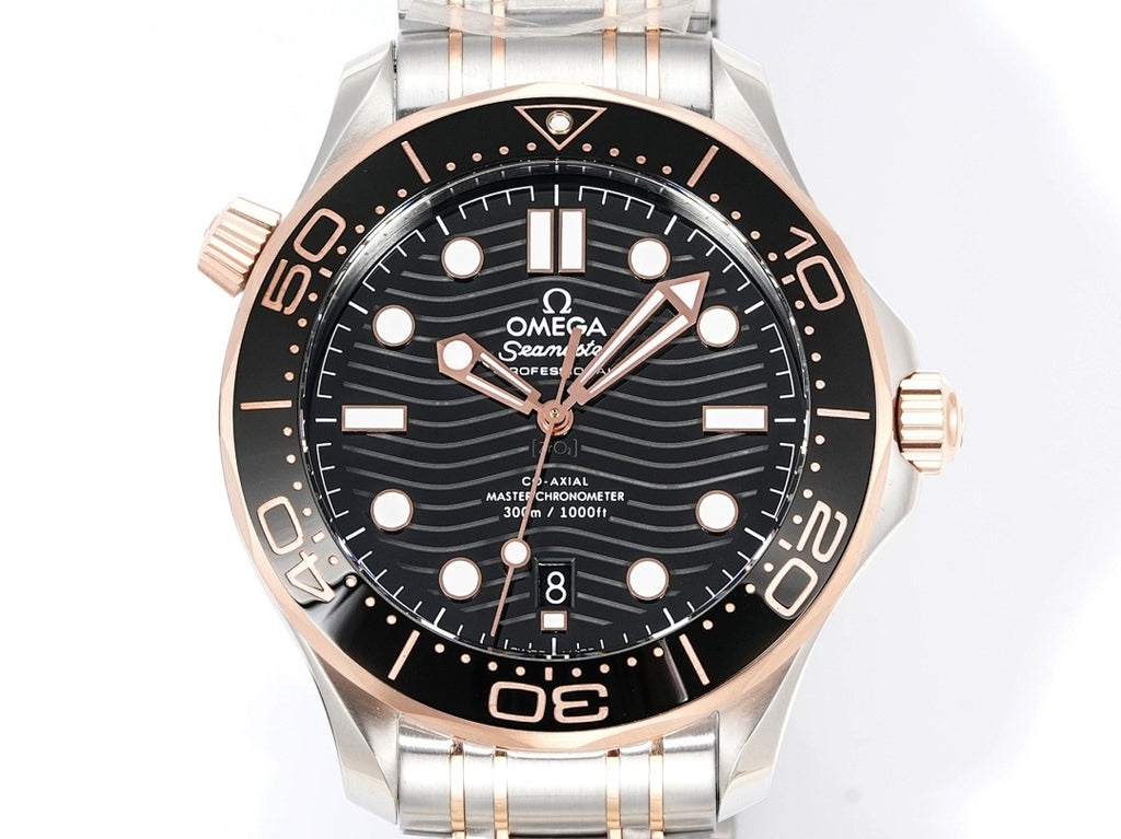 Omega watch front view with black dial, rose-gold bezel markers, and stainless-steel bracelet