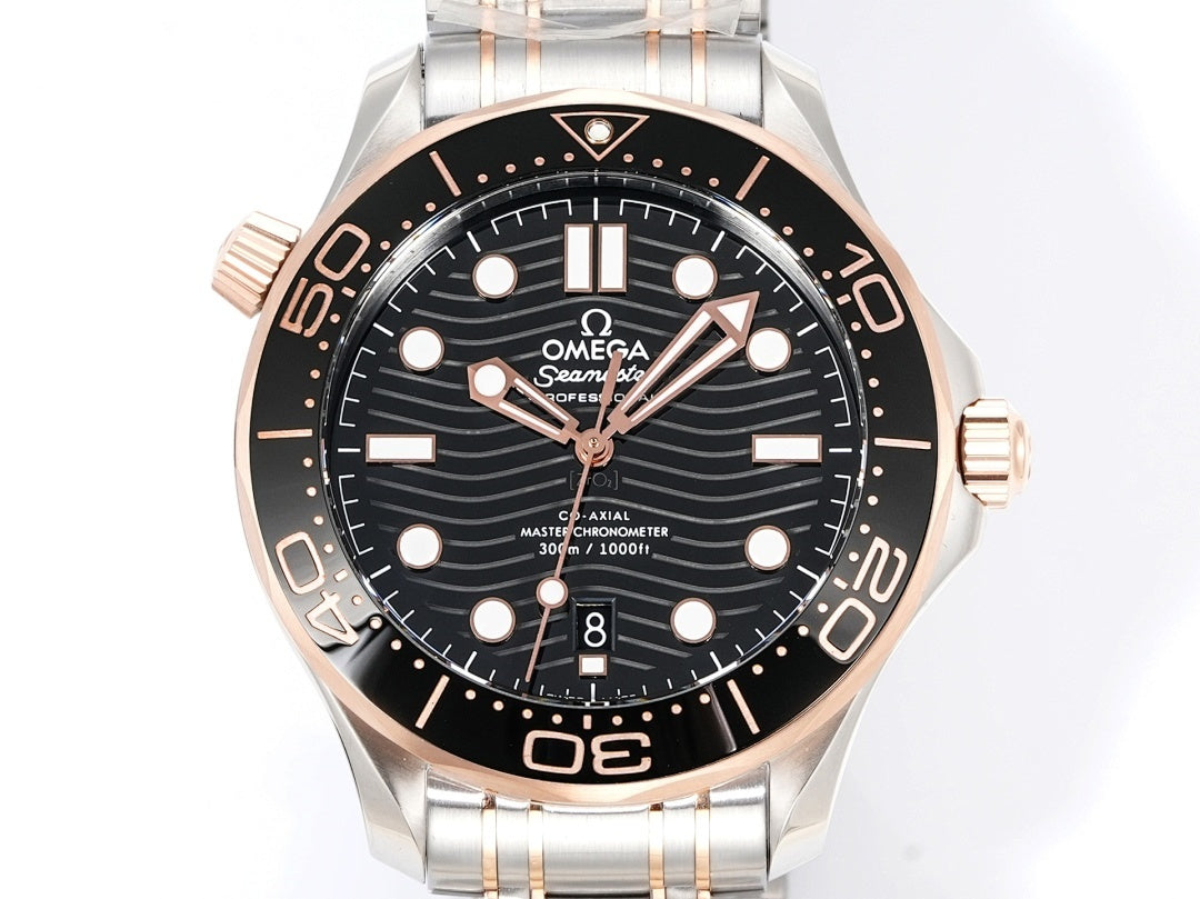 Omega watch front view with black dial, rose-gold bezel markers, and stainless-steel bracelet