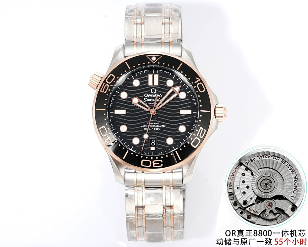 Omega watch front view with black dial, rose-gold bezel markers, and metal bracelet; movement inset