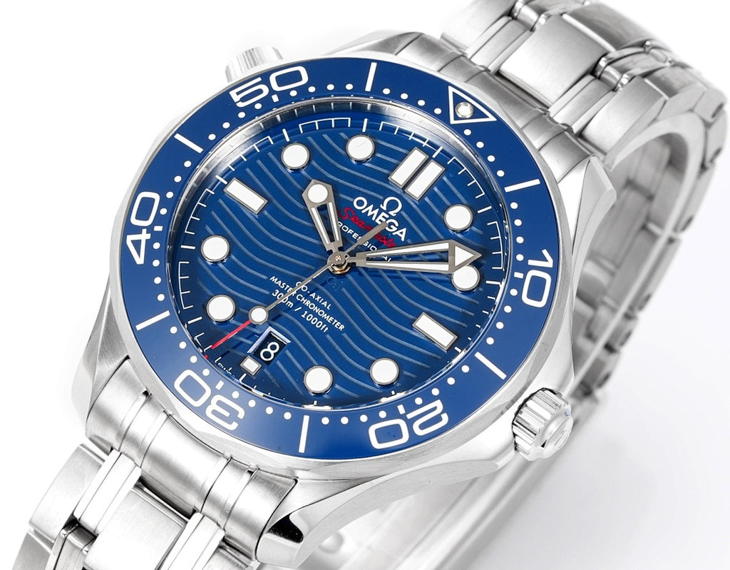 Omega watch front close-up with blue dial, silver hands, and stainless steel bezel