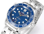 Omega watch front close-up with blue dial, silver hands, and stainless steel bezel