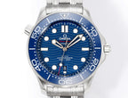 Omega watch front view with blue dial and silver stainless steel bracelet
