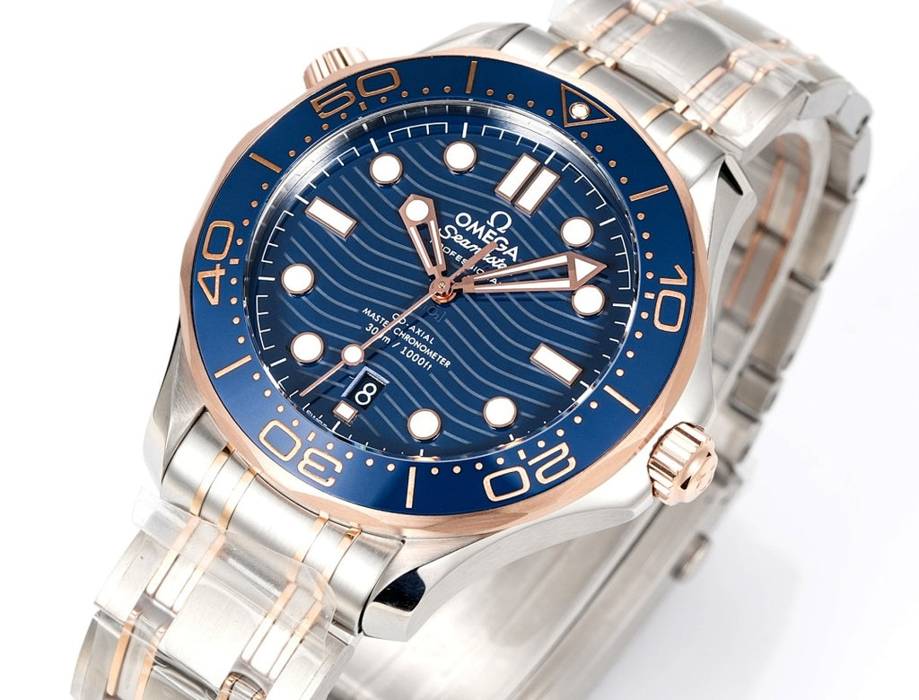 Omega diving watch angled view with blue dial, rose-gold hands, and steel bezel
