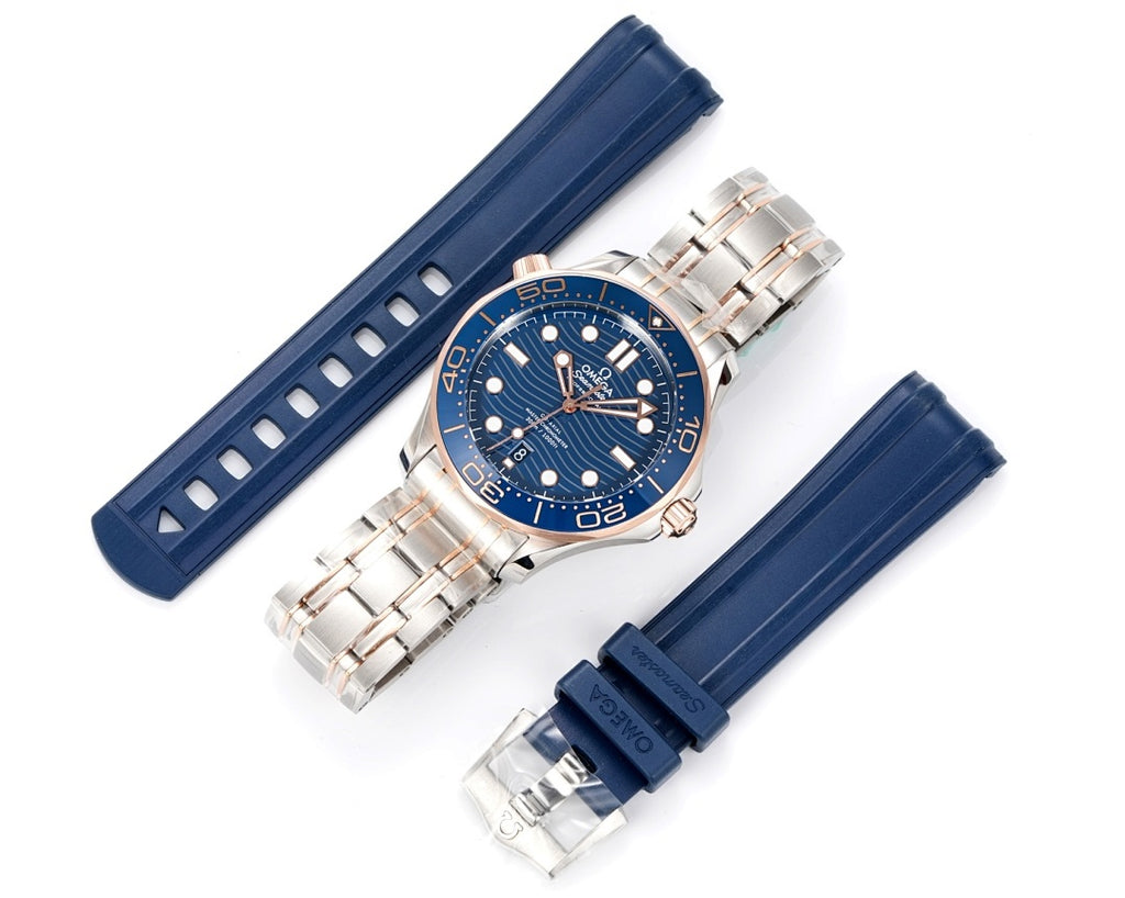 Omega diving watch with blue rubber strap and stainless steel case, two views