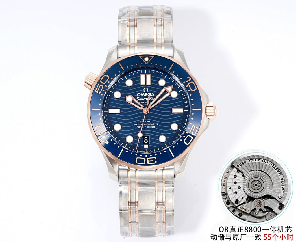 Omega diving watch with blue dial, gold accents, and stainless steel bracelet