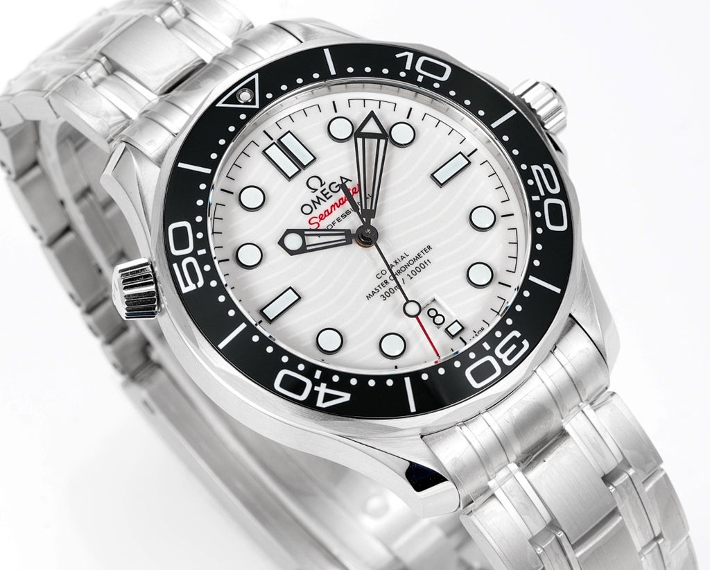 Omega watch angled front view, black bezel and white dial with metal bracelet.